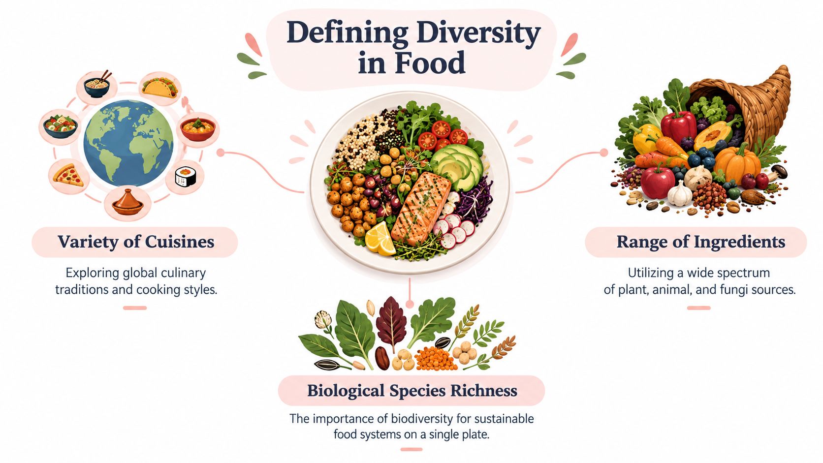 A graphic illustration explaining diversity in food through global cuisines, diverse ingredients, and biological species richness.