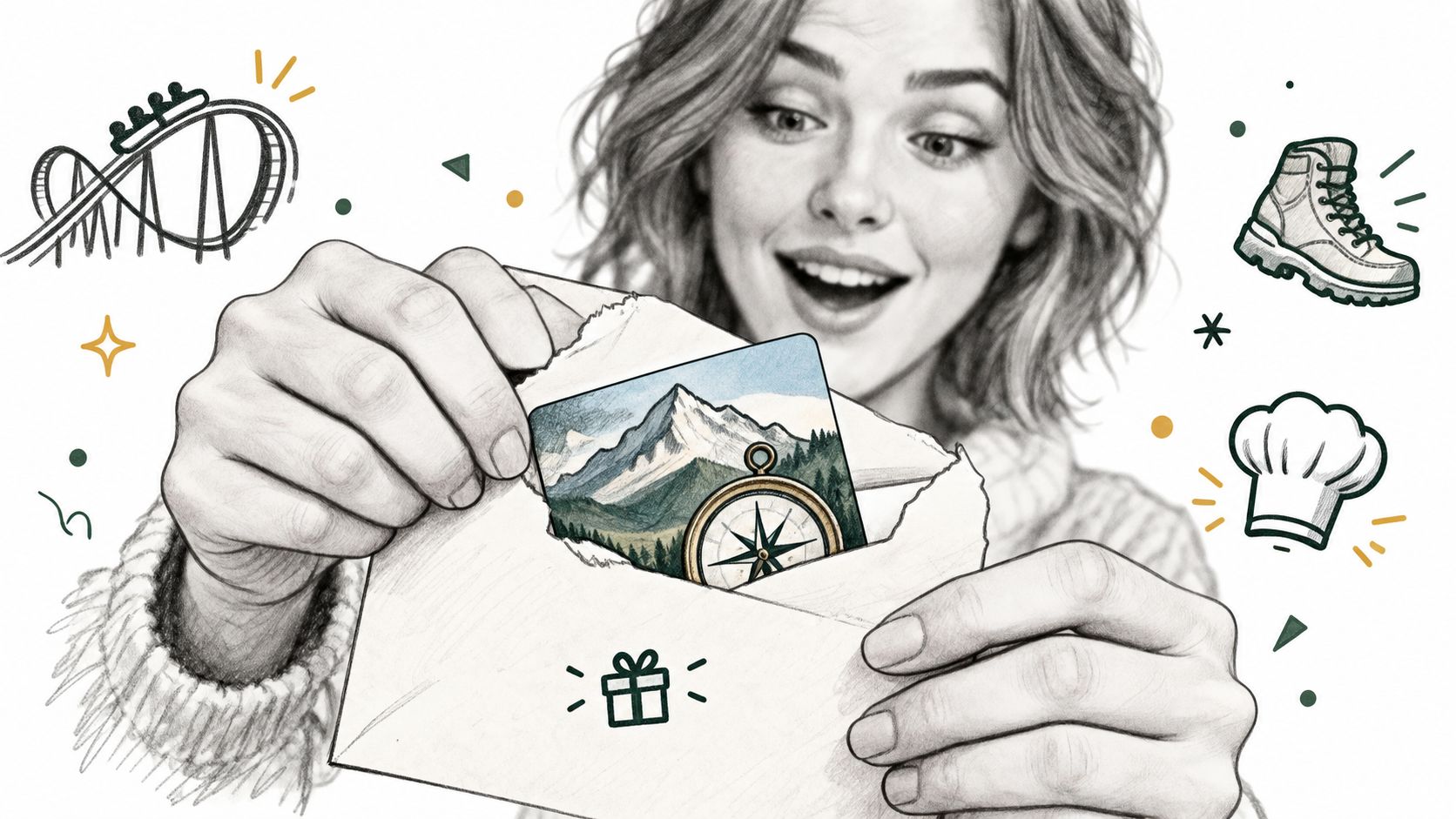 A woman excitedly holding an open envelope containing a gift card featuring a mountain and compass illustration.