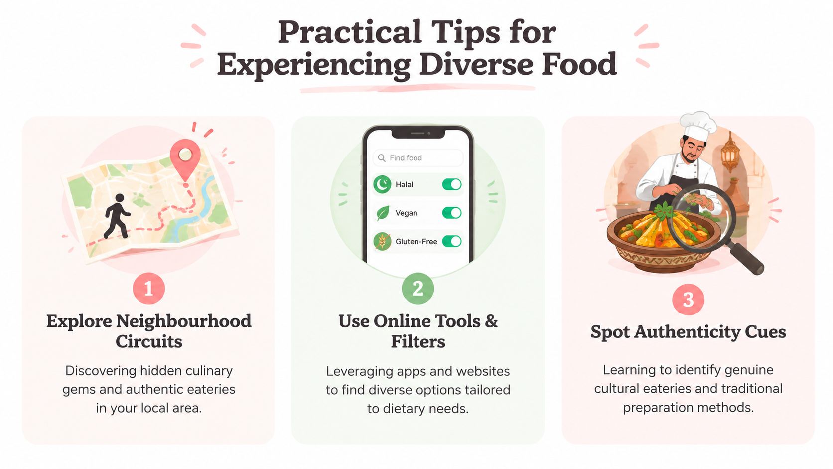 An infographic titled Practical Tips for Experiencing Diverse Food, featuring numbered steps with illustrative icons for food discovery.