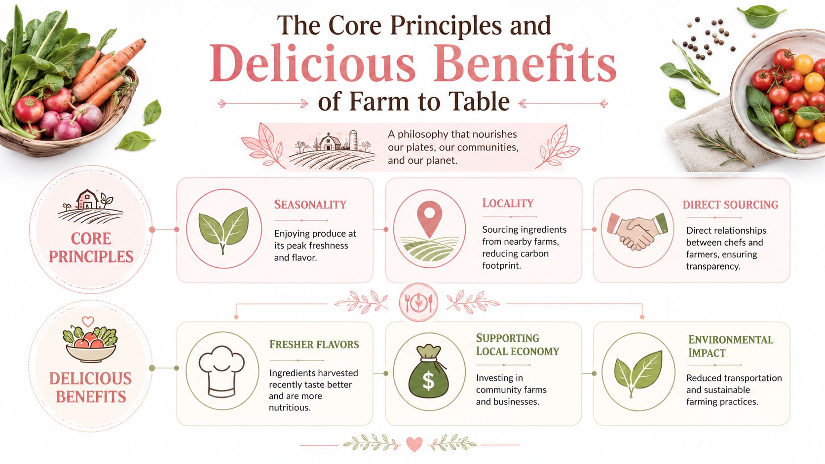 An infographic titled The Core Principles and Delicious Benefits of Farm to Table showing local sourcing concepts.