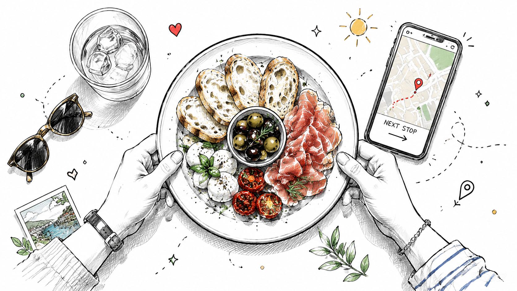 A hand-drawn illustration showing a person enjoying a Mediterranean appetizer platter while planning a trip on their smartphone.