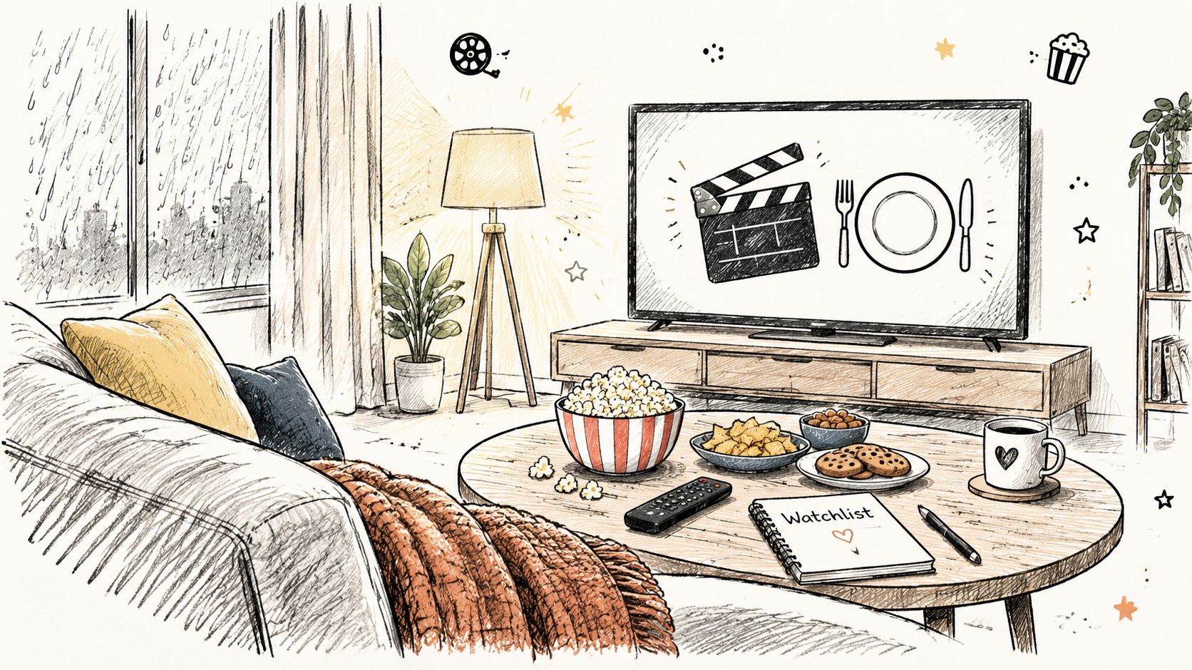 A cosy living room setting with a TV, snacks, and a watchlist for rainy day activities.