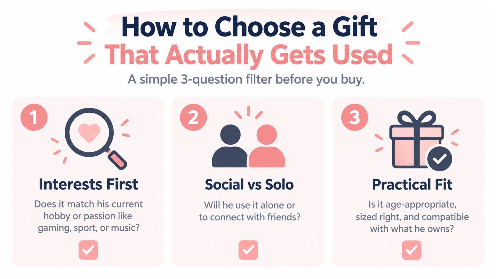 A simple guide on how to choose a useful gift for a boy using a three-question filter.
