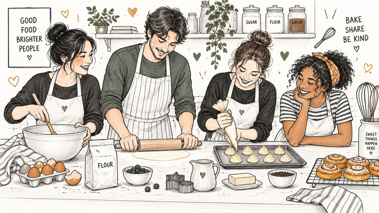Four happy young adults baking and decorating cookies together in a bright, cozy, illustrated kitchen scene.