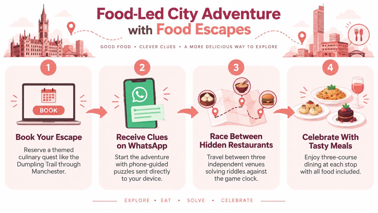 An infographic showing a four-step process for a food-led city adventure experience with culinary themed puzzles.