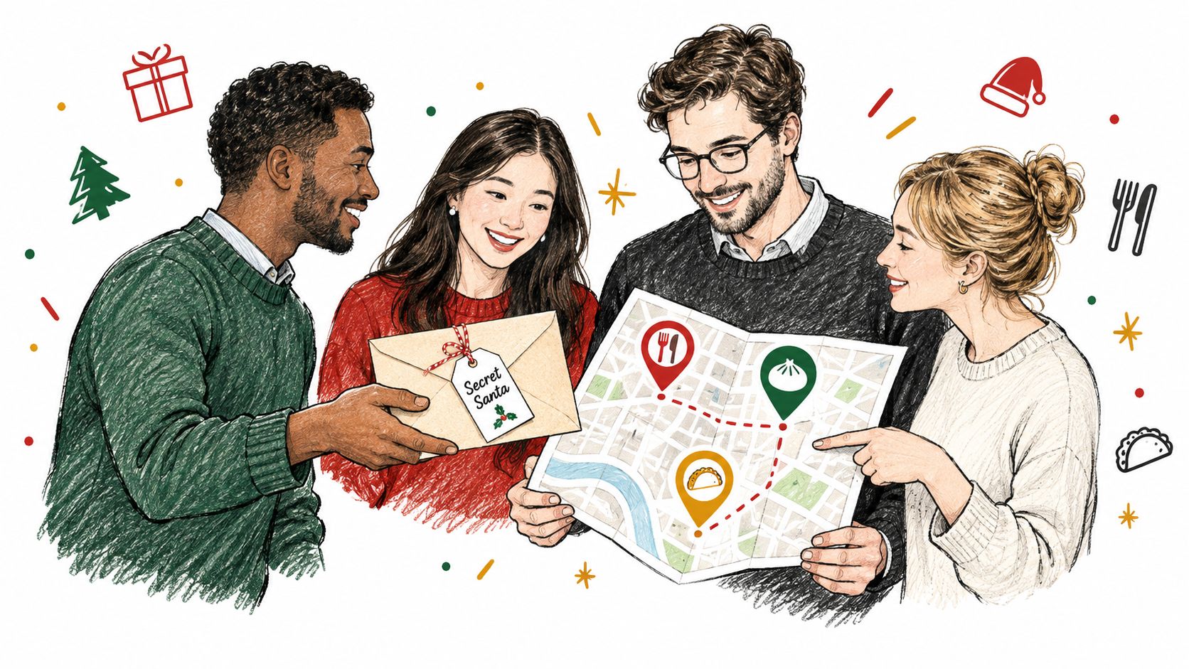 A diverse group of friends smiling while planning a Secret Santa office party using a city map.