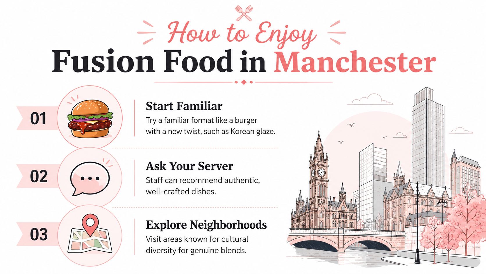 An infographic titled How to Enjoy Fusion Food in Manchester with three steps and a city illustration.