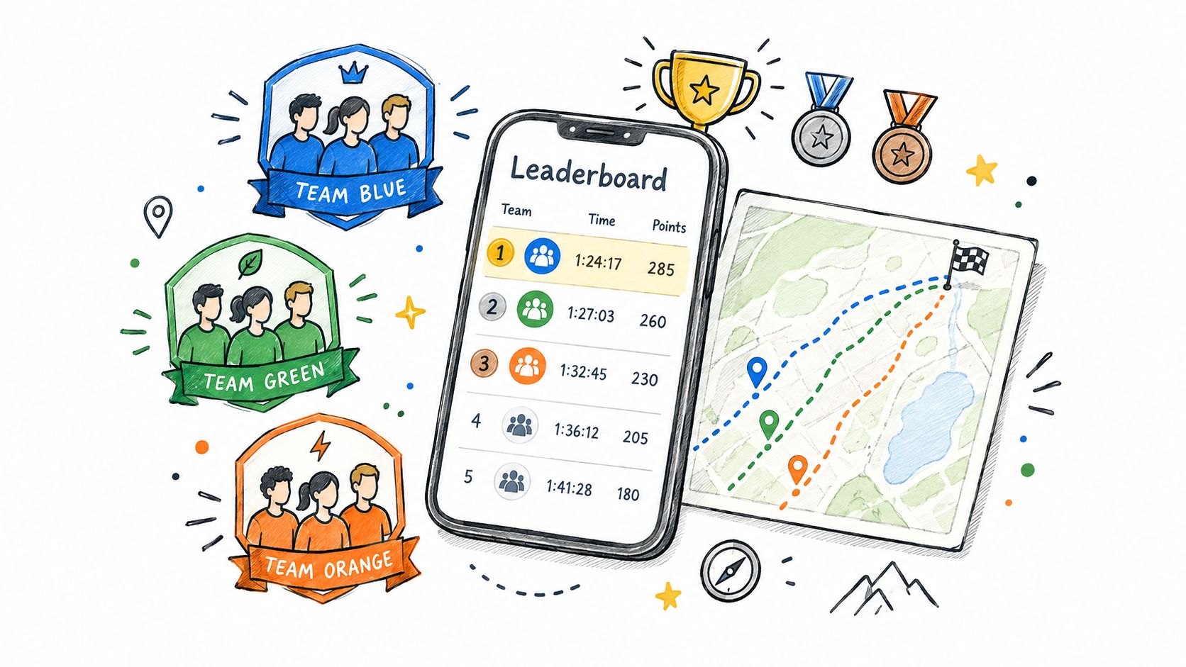 A digital illustration showing a mobile app leaderboard, team logos, medals, and a map for office competitions.
