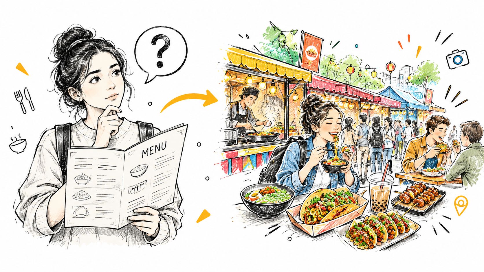 A woman reads a menu and imagines enjoying a variety of delicious street food at an outdoor market.