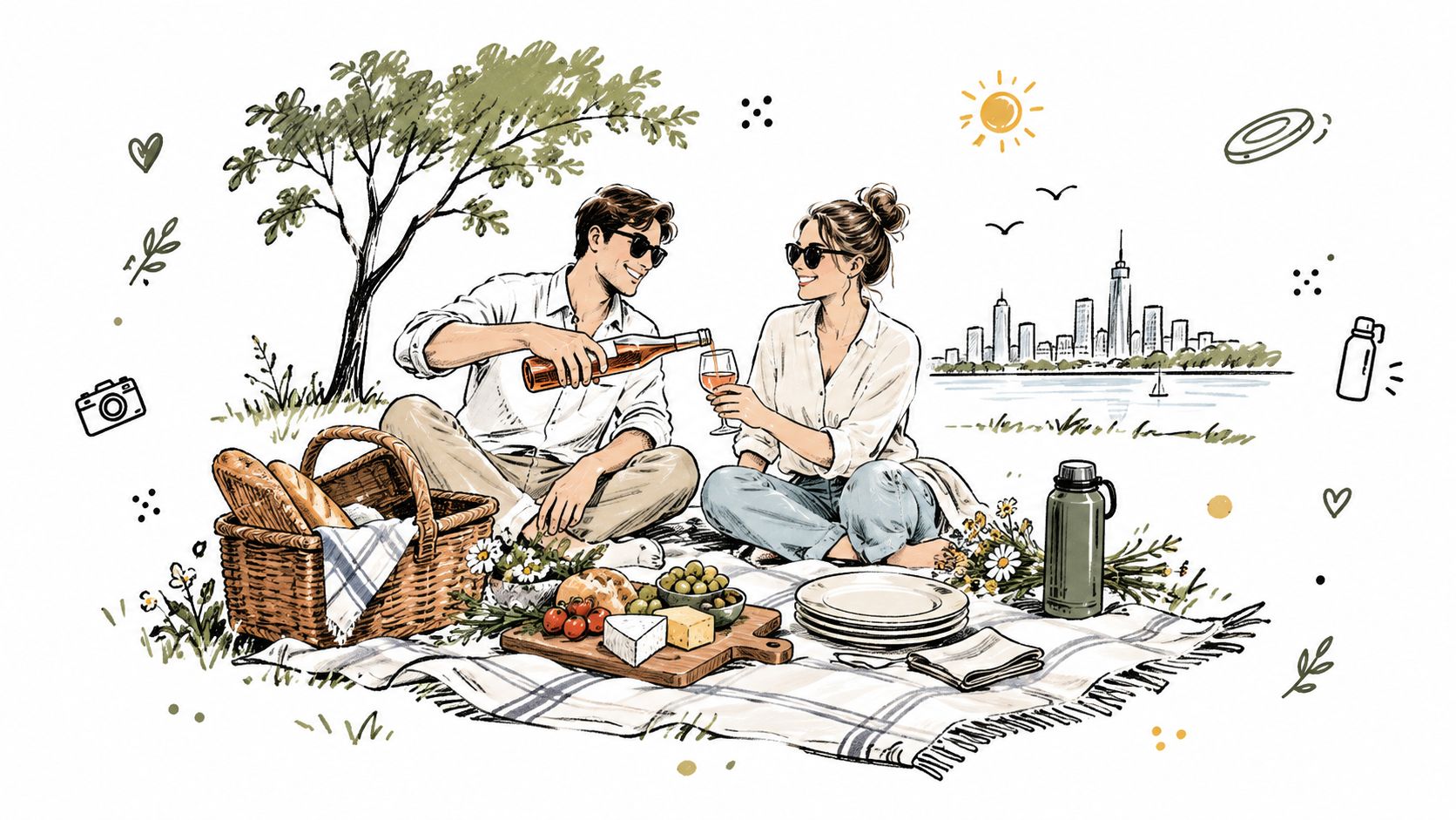 A couple enjoying a romantic picnic outdoors with wine, cheese, and a city skyline background.
