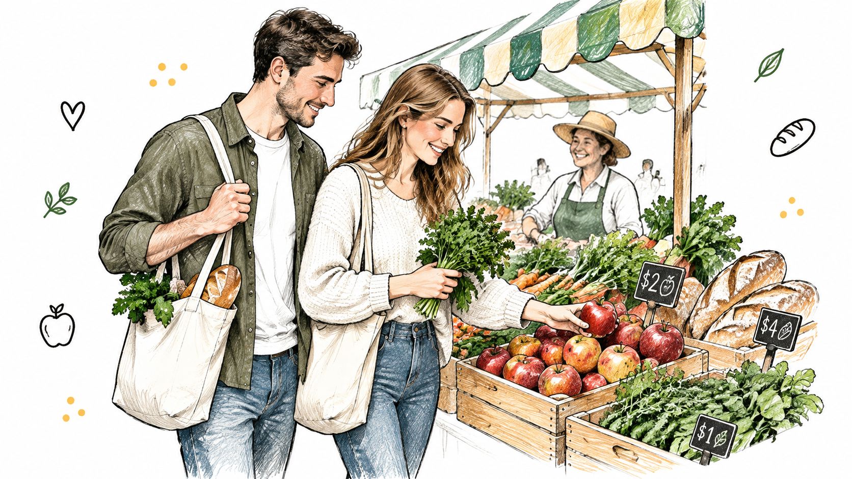 A happy couple shopping for fresh organic produce and bread at a sunny outdoor farmers market.