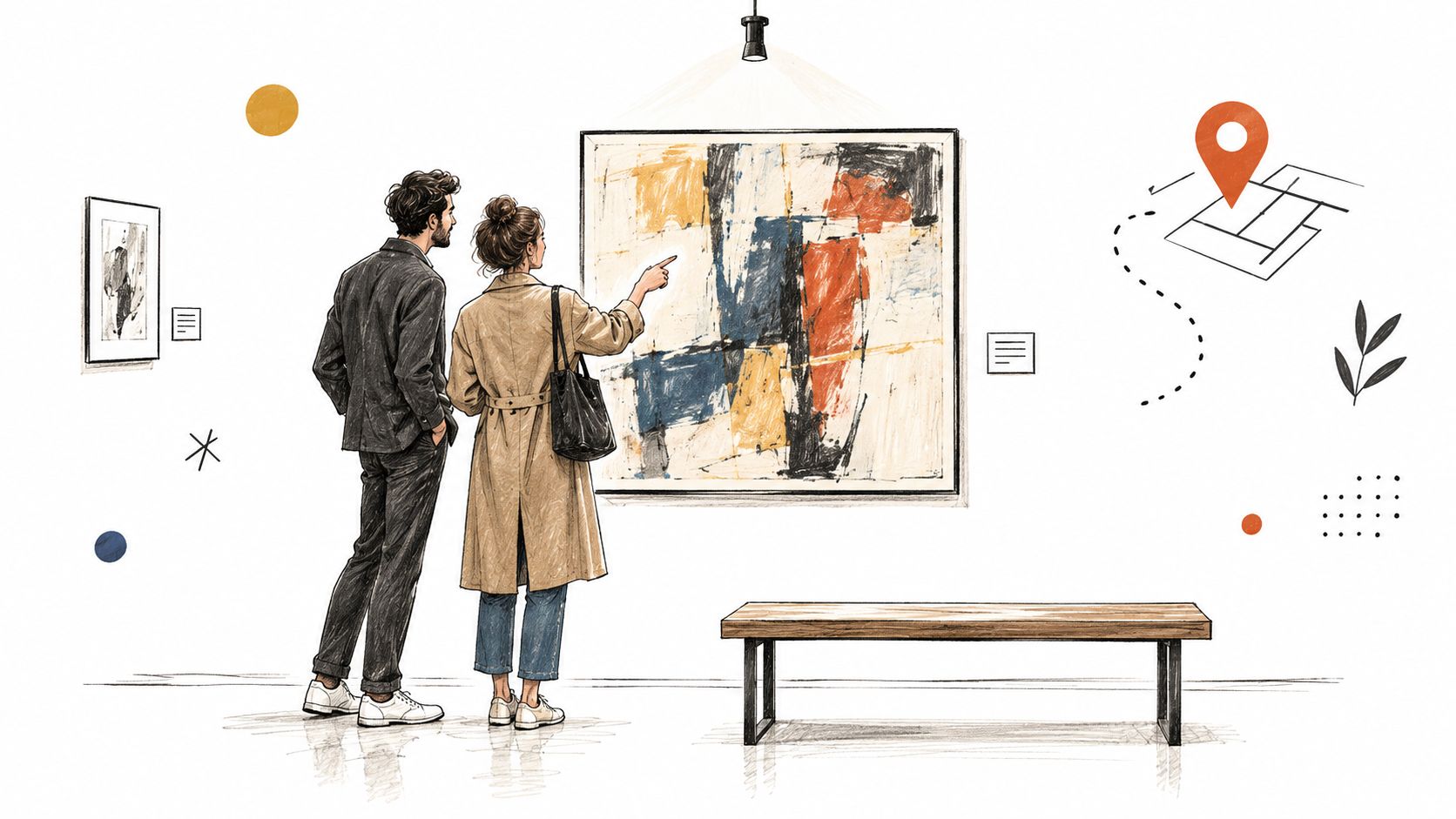 A stylish couple observing an abstract painting together during a cultural outing in an art gallery.