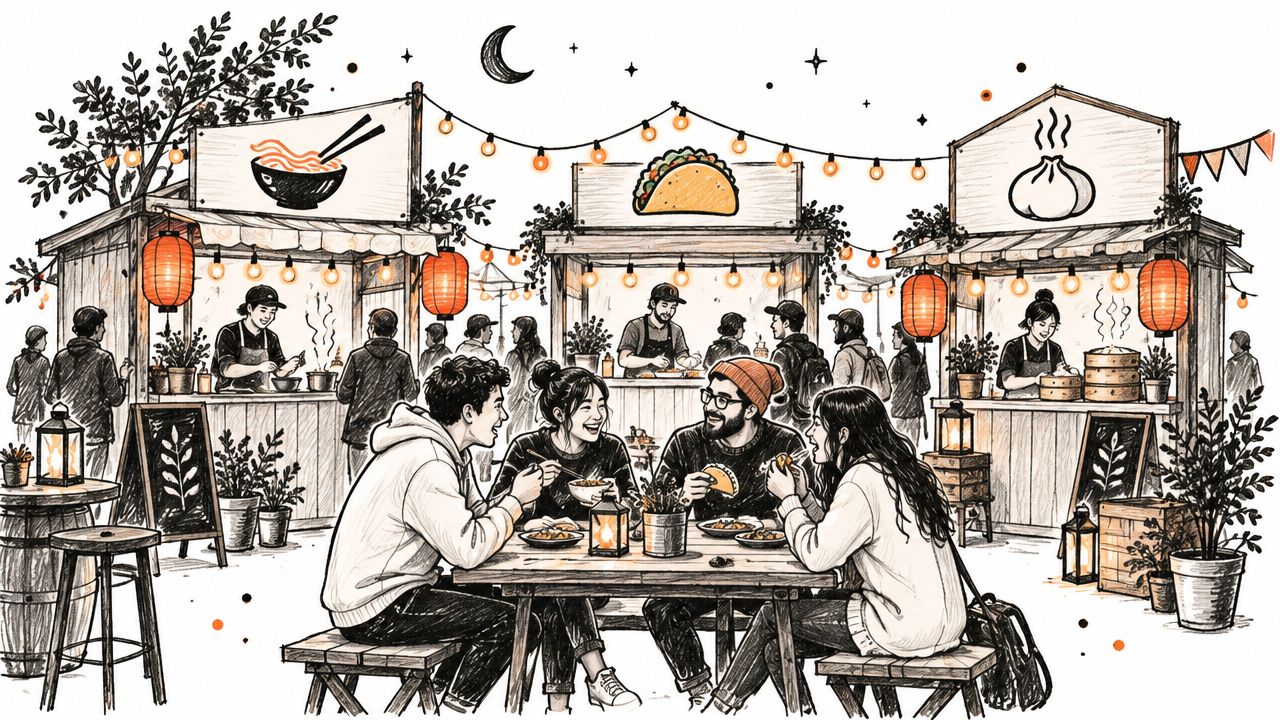 Four friends laughing and eating food at a vibrant outdoor night market with various food stalls.