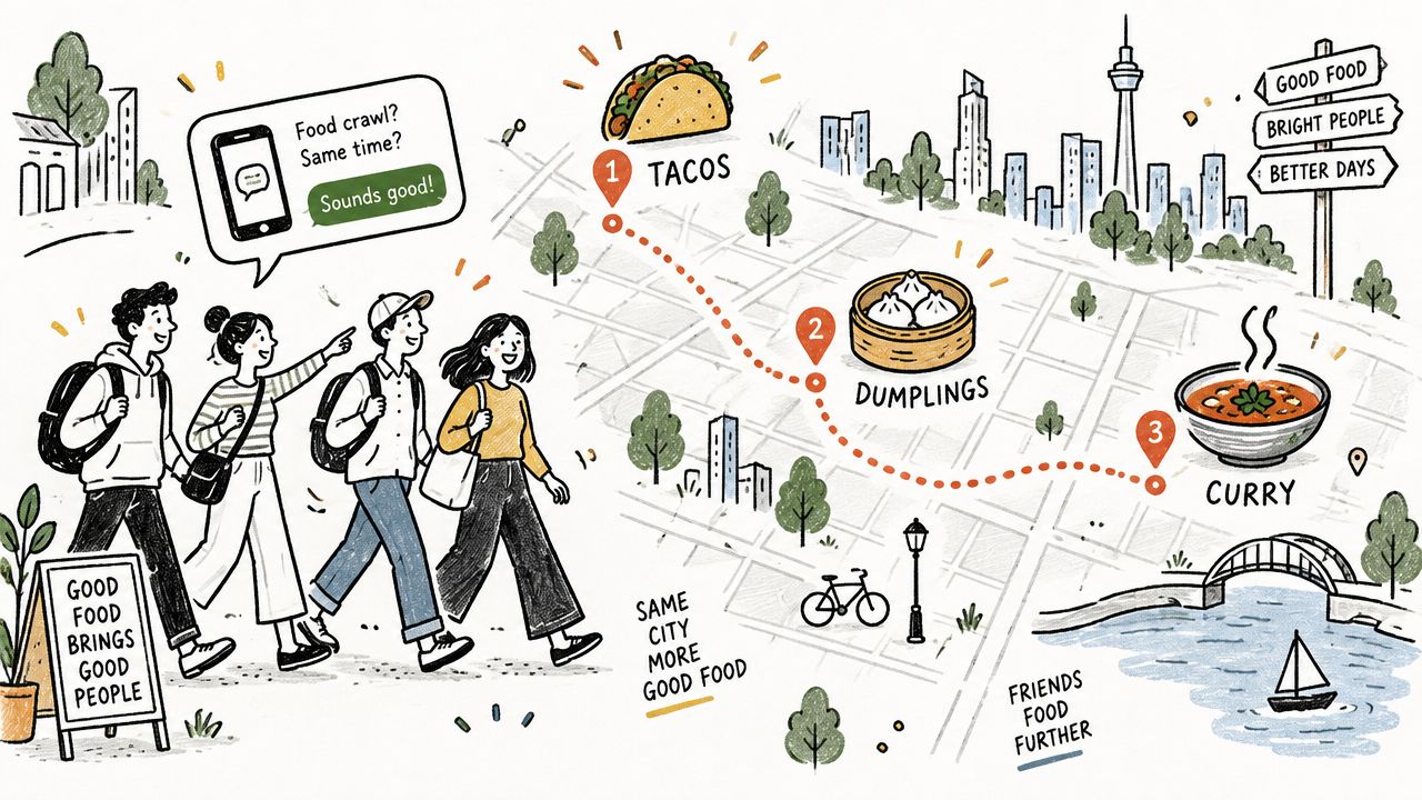 A hand-drawn illustration of a group of friends planning a food crawl map with tacos, dumplings, and curry.