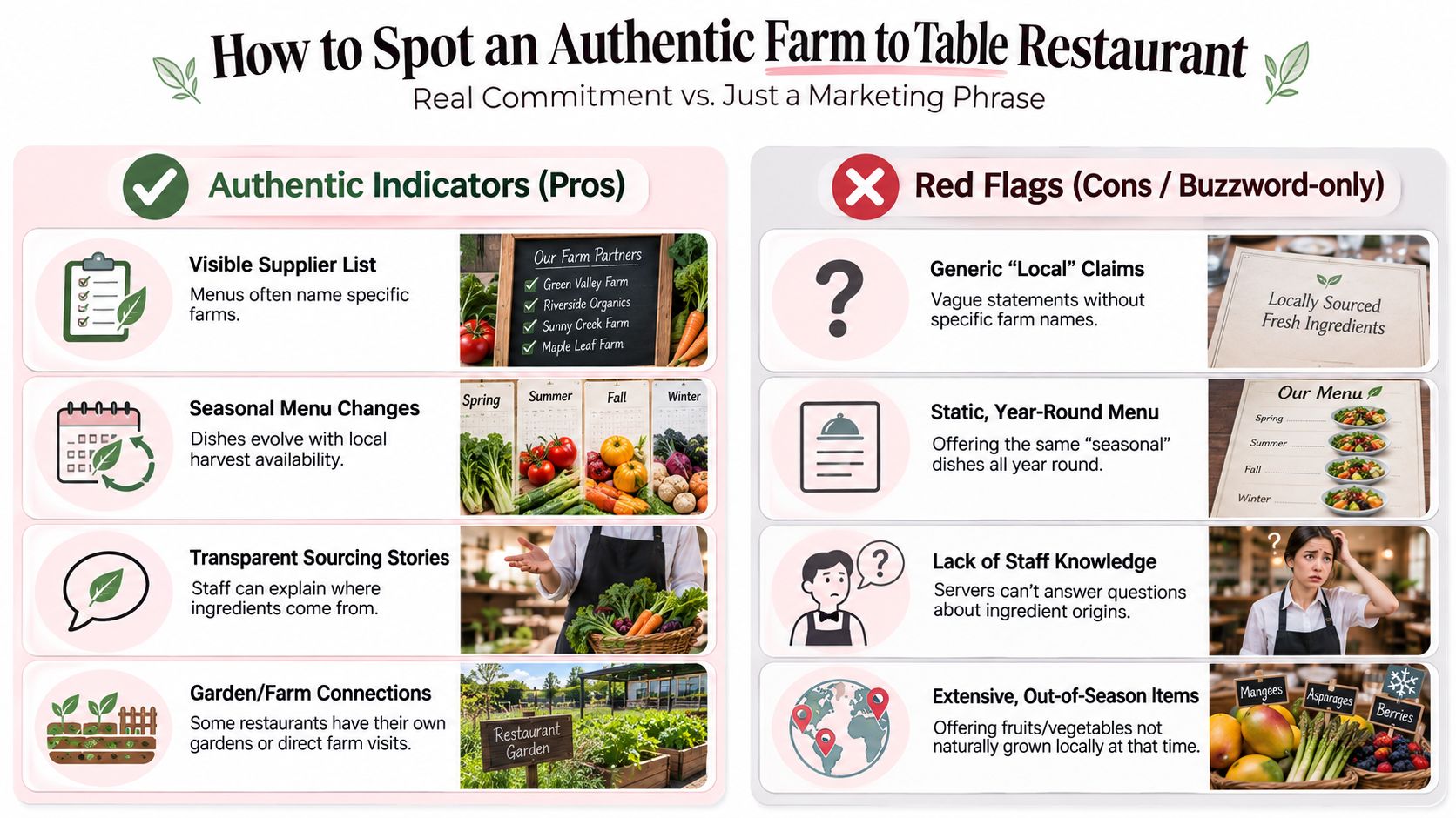 An infographic comparing authentic farm to table restaurant indicators versus common marketing buzzword red flags.