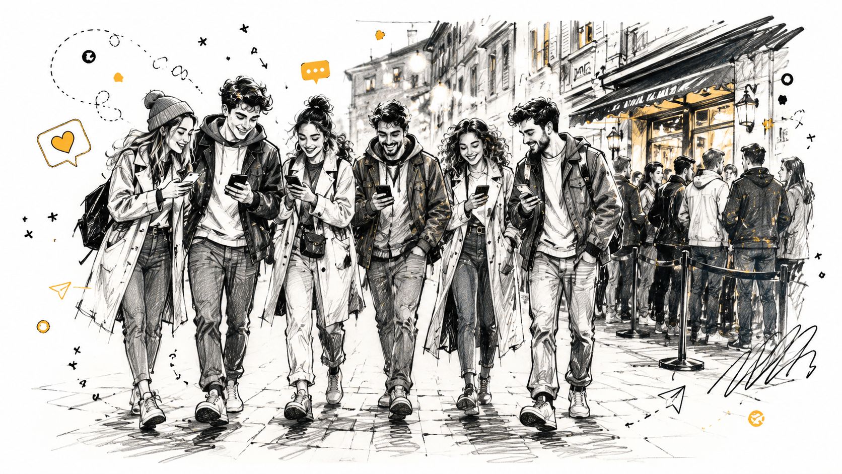 A group of young people walking together outdoors while interacting with their smartphones in a city.