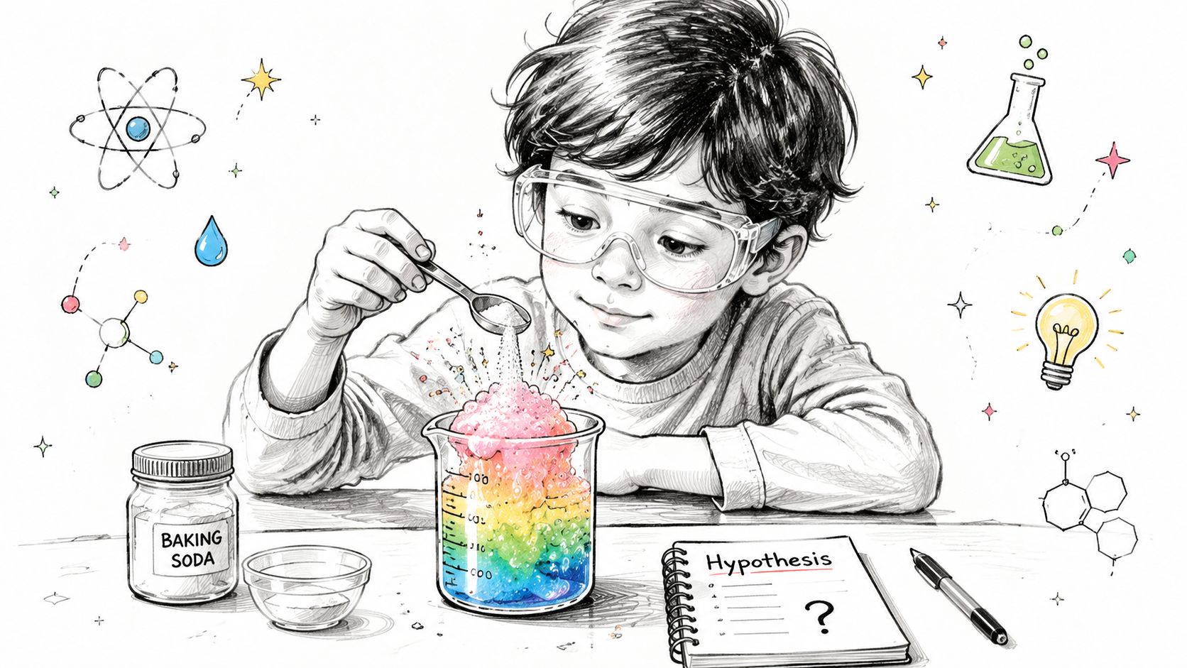 A young boy wearing safety goggles conducts a colorful science experiment with baking soda in a beaker.