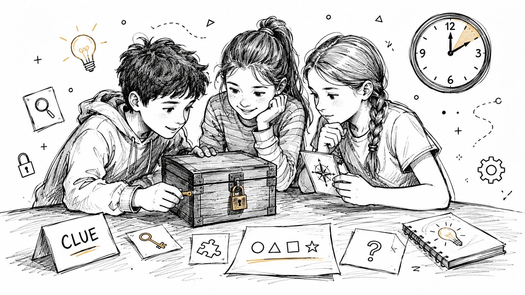 Three children working together on a puzzle box and clues to solve a fun brain teaser game.