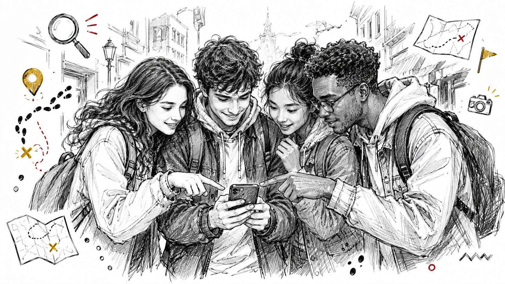 A group of diverse young friends looking at a smartphone screen while planning a travel adventure together.