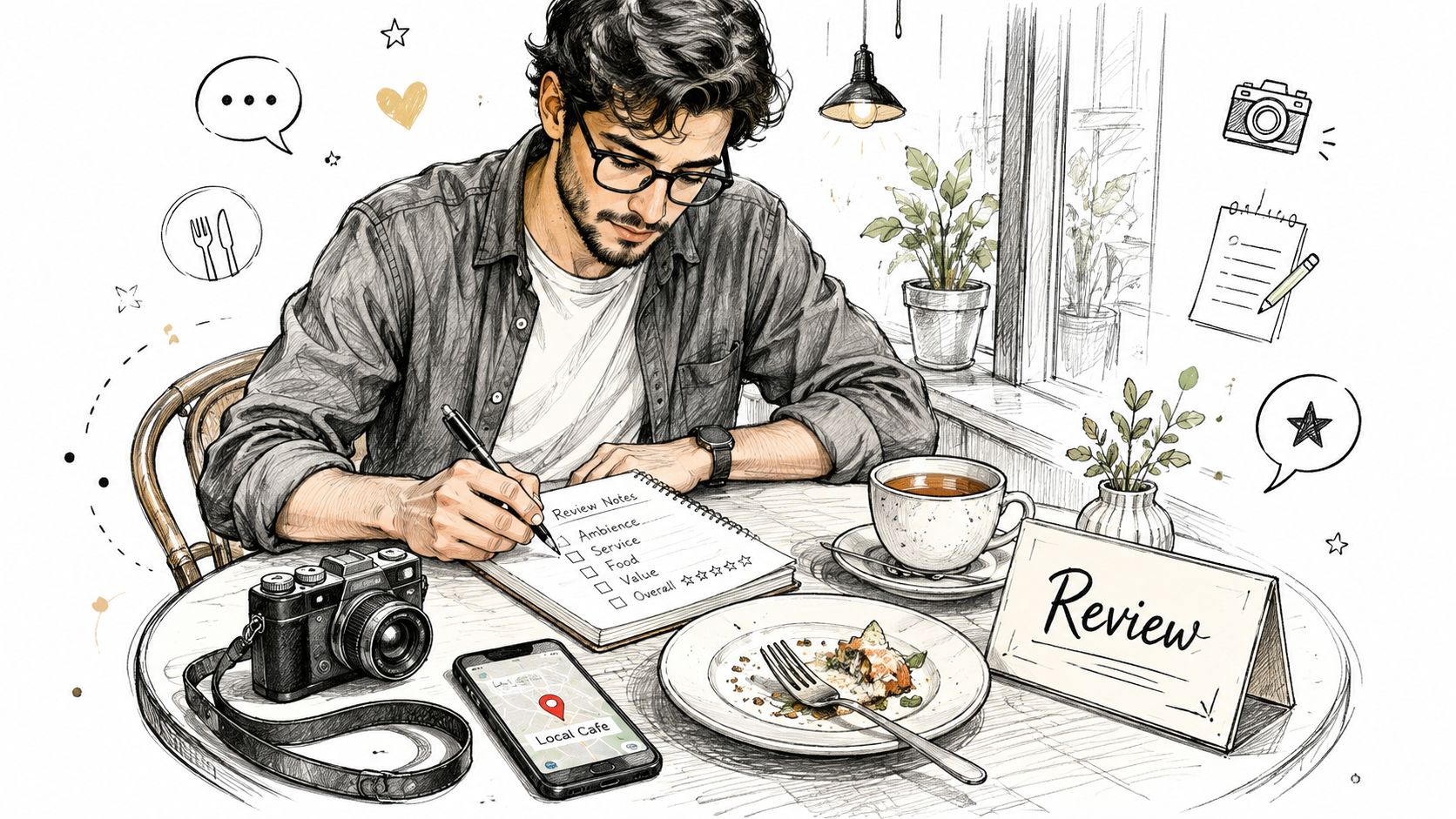 A man sitting at a cafe table writing review notes in a notebook with a camera nearby.