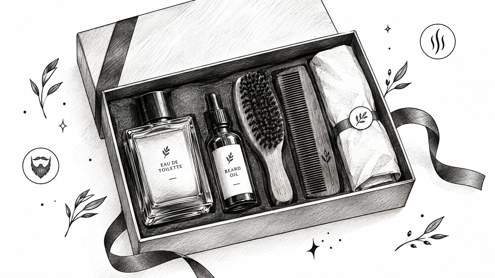 A pencil sketch of a men's grooming gift box containing cologne, beard oil, a brush, and comb.