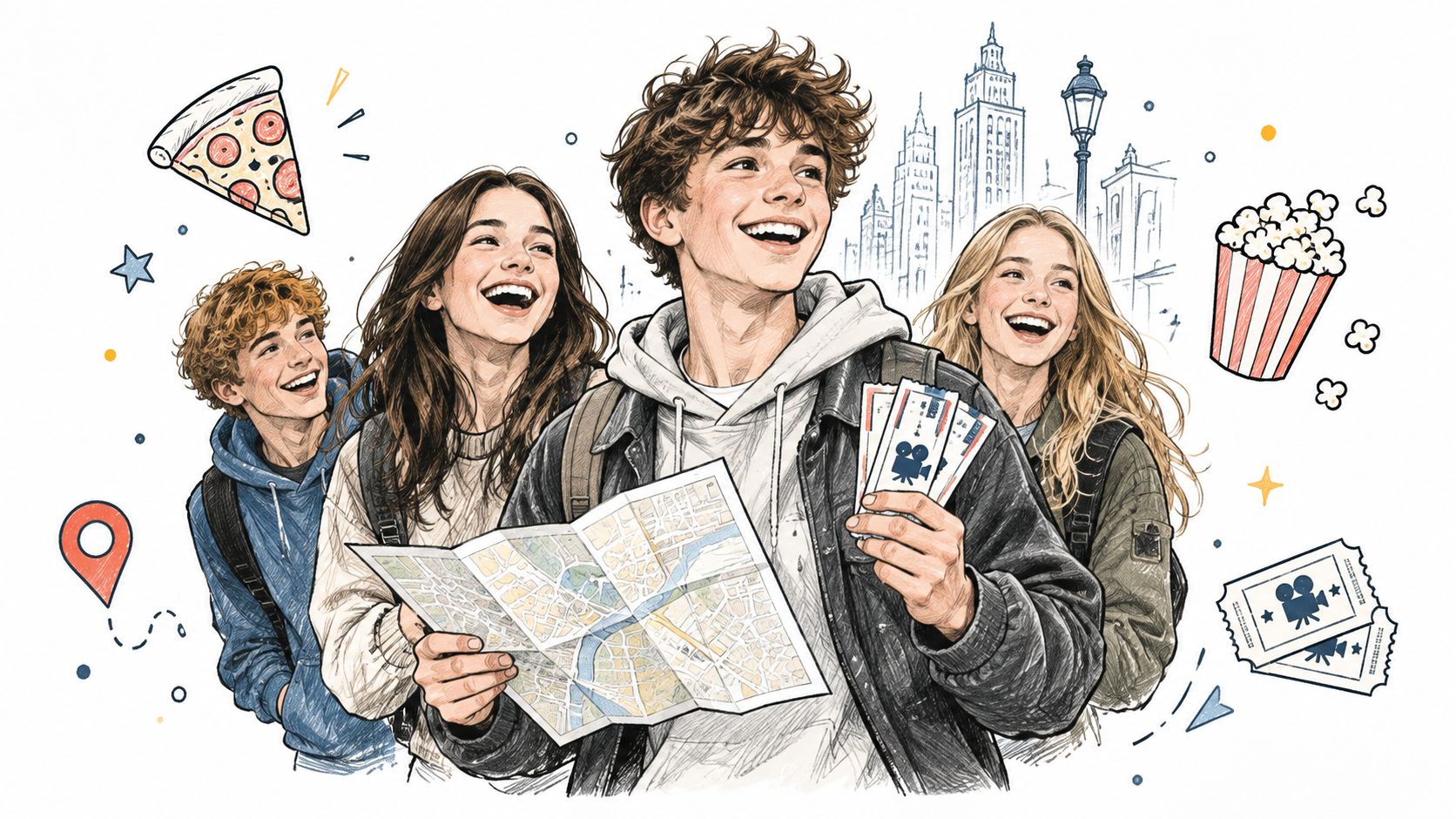 A group of happy teenagers holding a city map and movie tickets, ready for a fun outing.