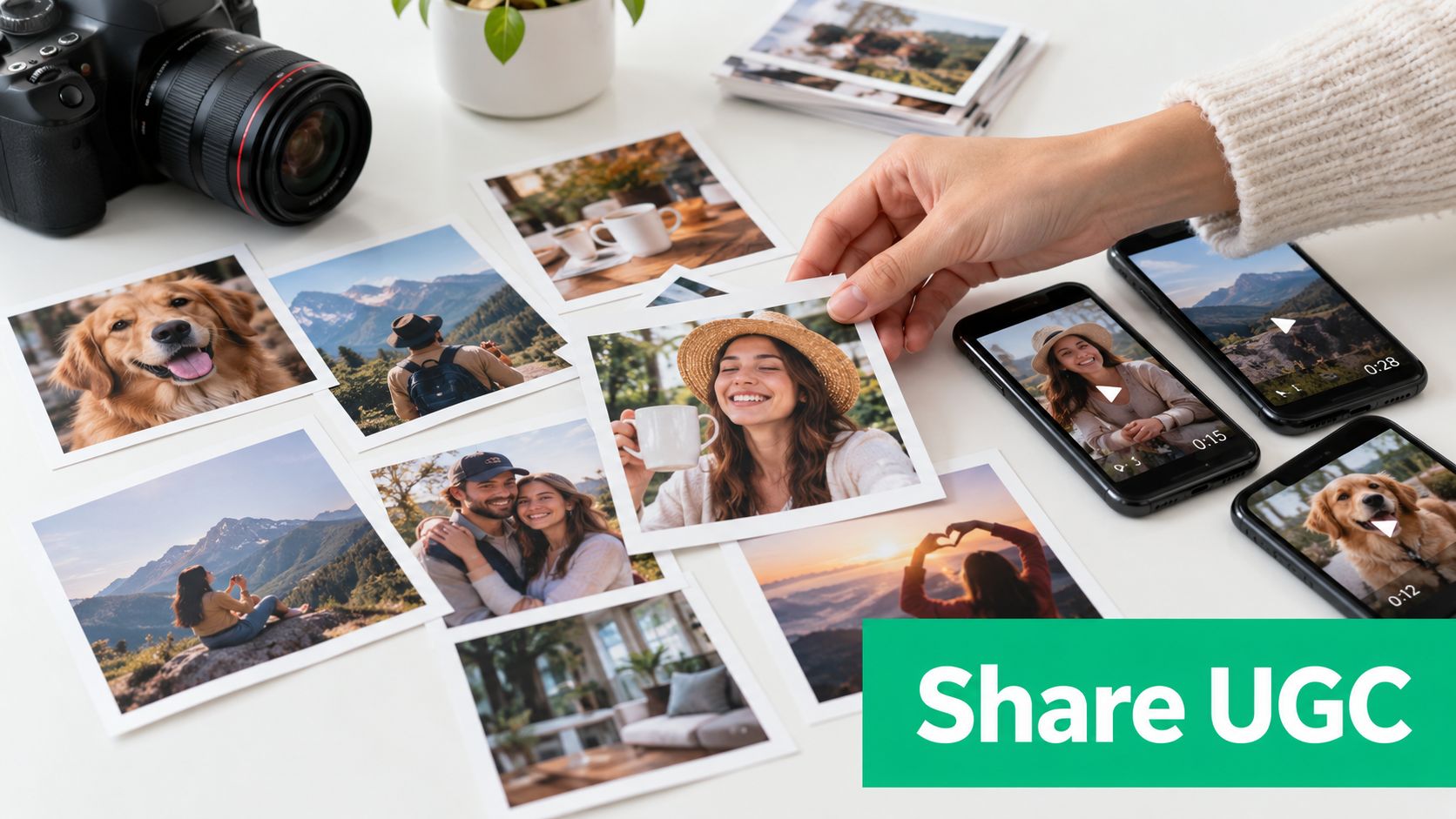 A hand sorting through several printed photos of people, nature, and pets alongside a digital camera and smartphones.