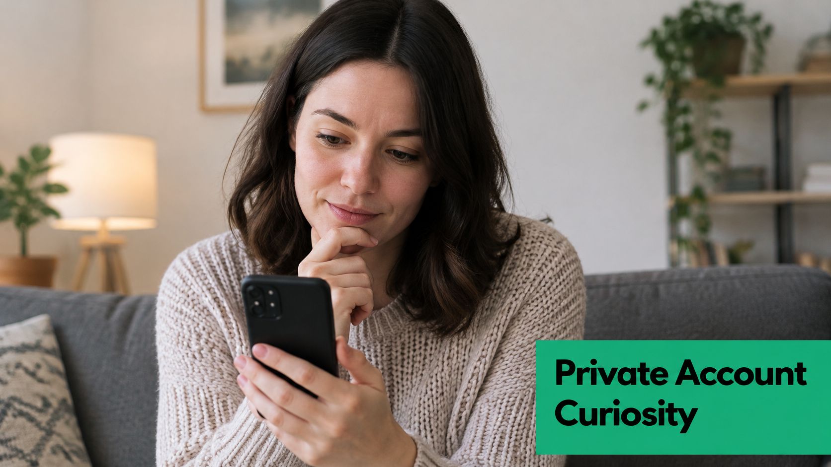 A woman thoughtfully looking at her smartphone while sitting on a couch in a cozy home setting.