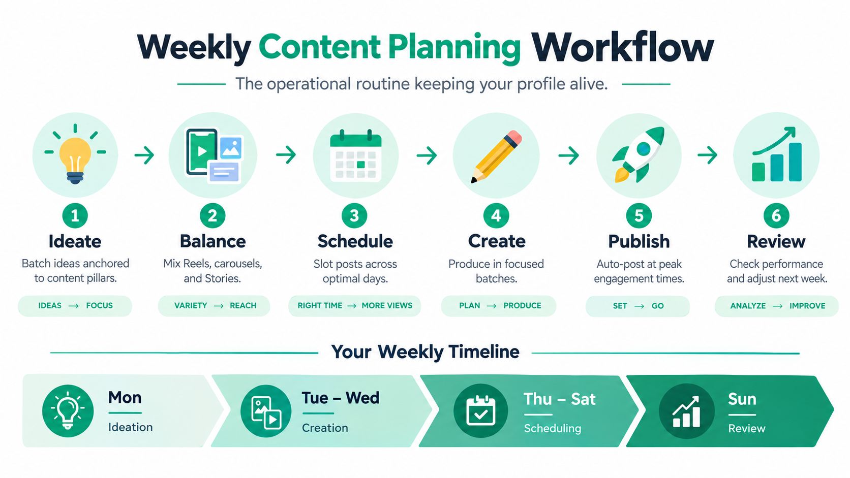 A six-step infographic illustrating a weekly content planning workflow for social media and content creation.