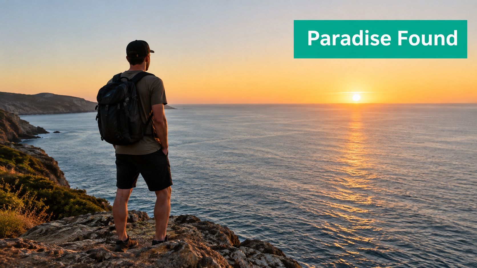 A man wearing a backpack standing on a cliff edge looking at a sunset over the ocean.