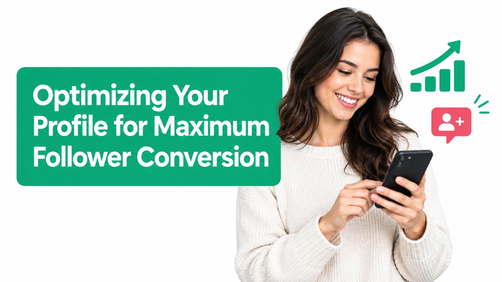 A woman smiling while looking at her smartphone to learn about optimizing social media profile conversion.