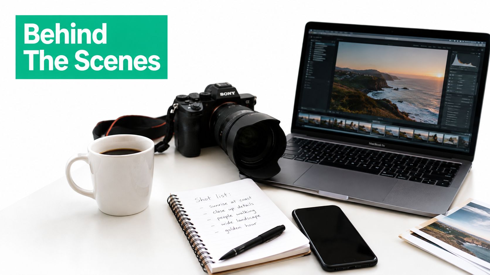 A creative photography workspace featuring a laptop with landscape photos, a camera, notebook, and coffee mug.