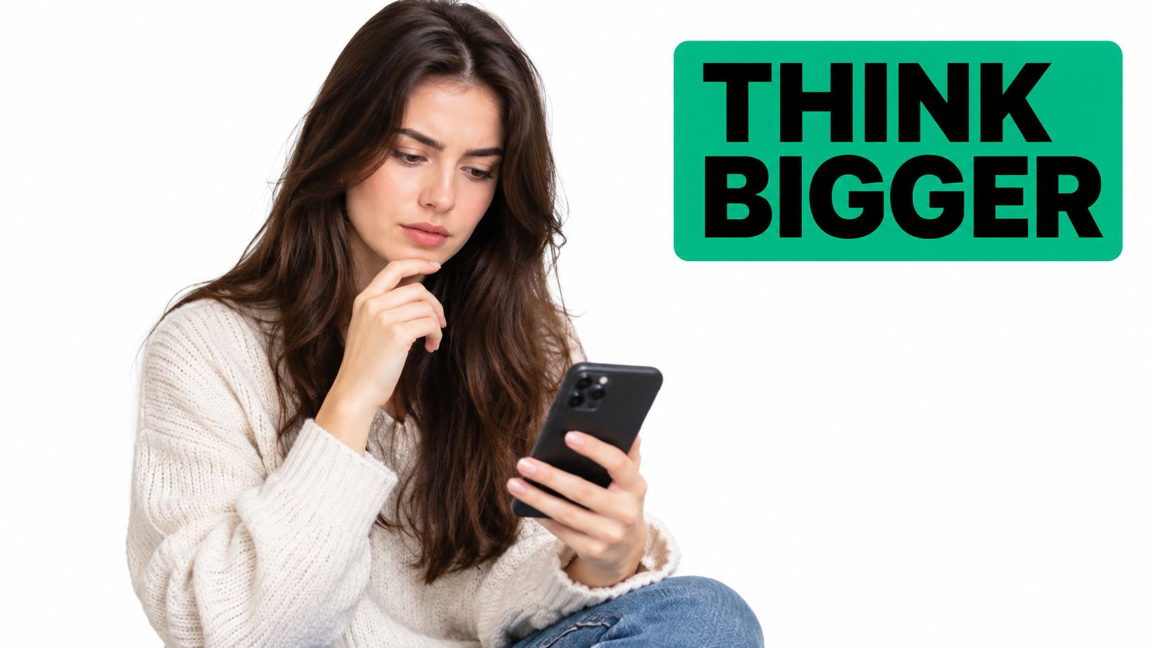 A pensive woman looking at her smartphone while thinking about growing her social media audience.