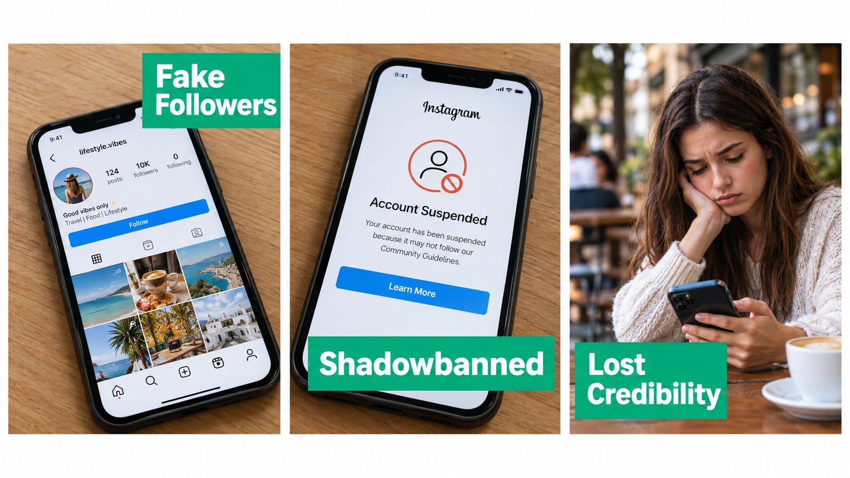 Three images illustrating negative consequences of artificial social media growth including fake followers, suspended accounts, and lost credibility.