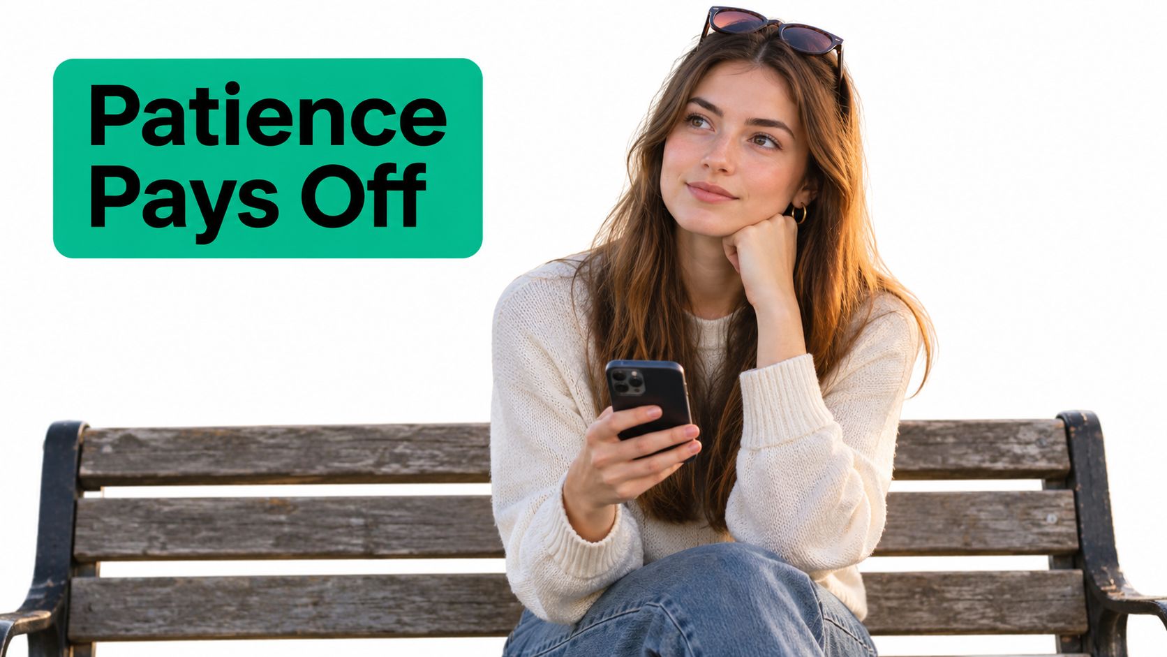 A young woman sitting on a wooden park bench holding a smartphone while looking thoughtful and patient.