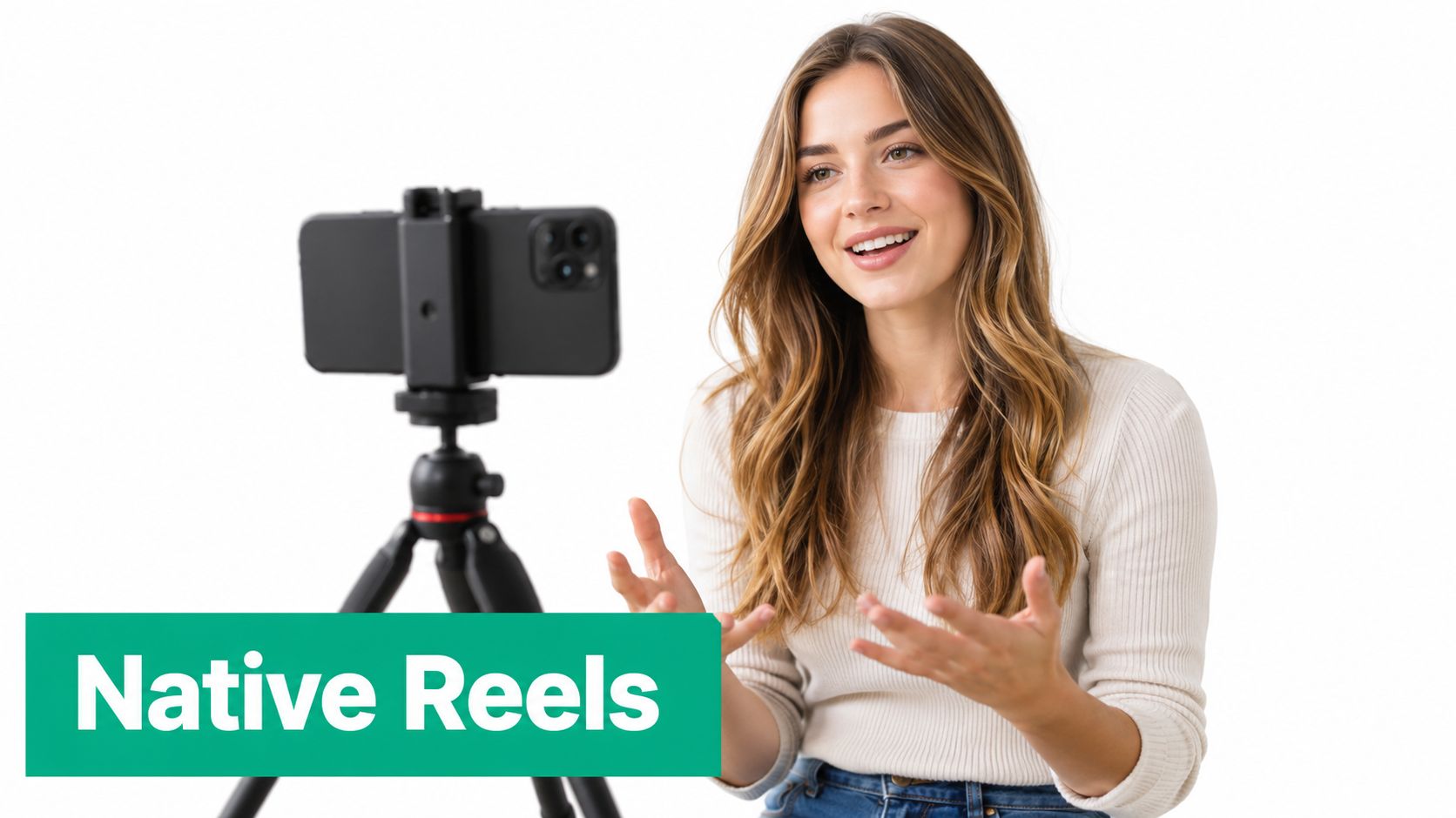 A woman with long wavy hair speaking to a smartphone camera on a tripod for content creation.