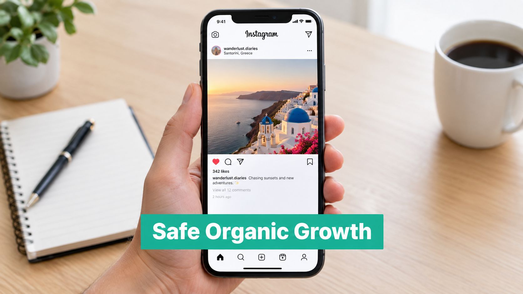 A hand holding a smartphone showing an Instagram post with a scenic photo of Santorini, Greece.