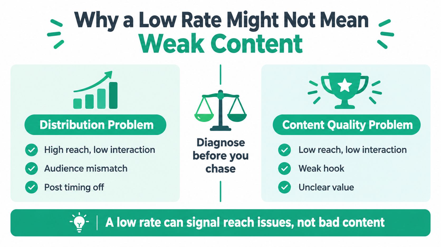An infographic comparing distribution versus content quality problems to explain low engagement rates for social media posts.