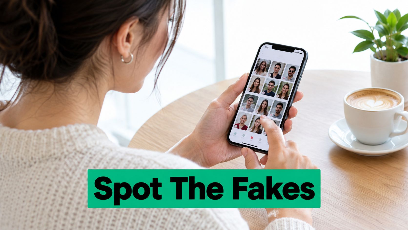 A woman reviewing a list of potential social media profiles on her smartphone while drinking coffee.