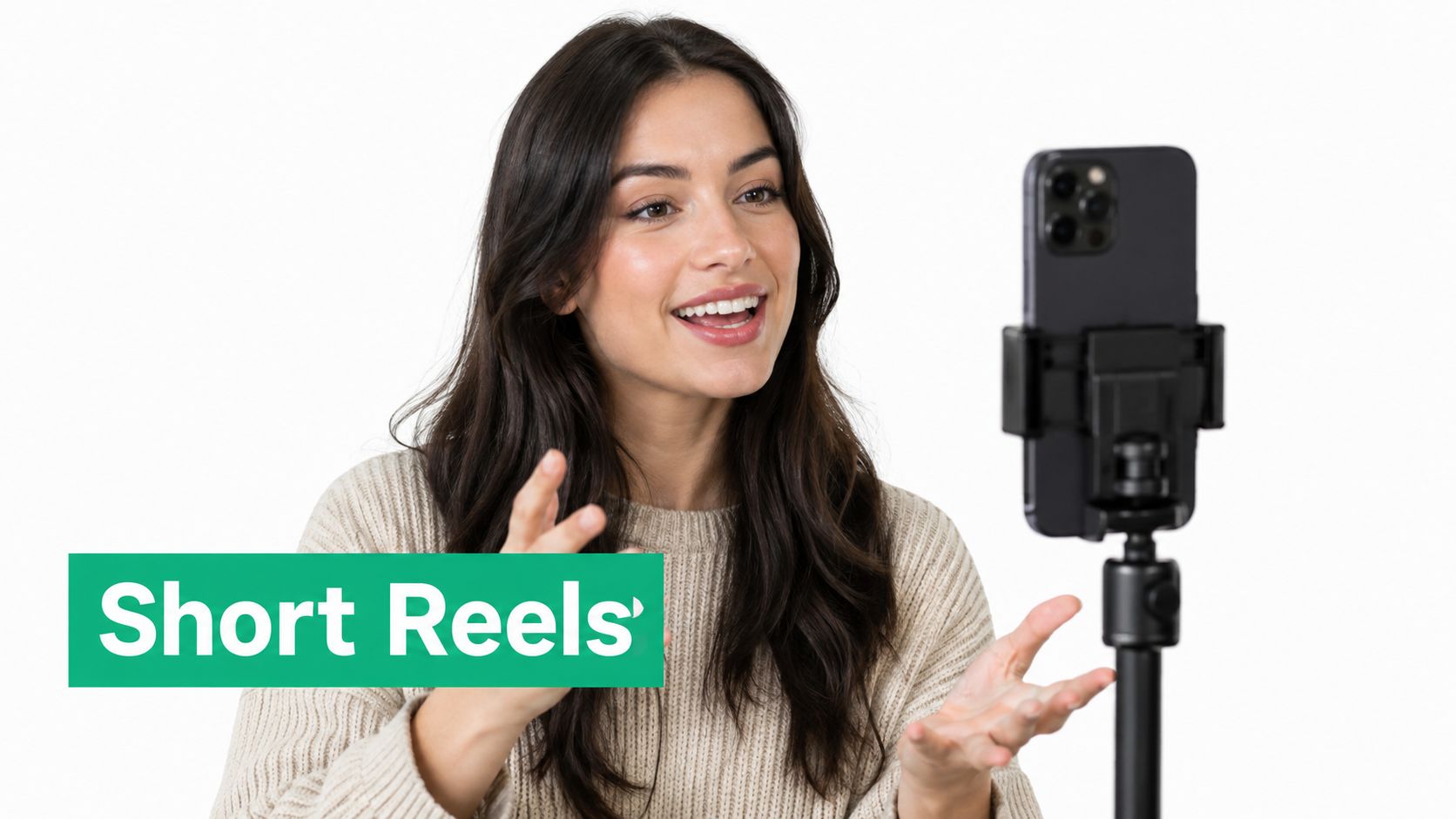 A woman recording short reels for social media on her smartphone mounted on a tripod stand.