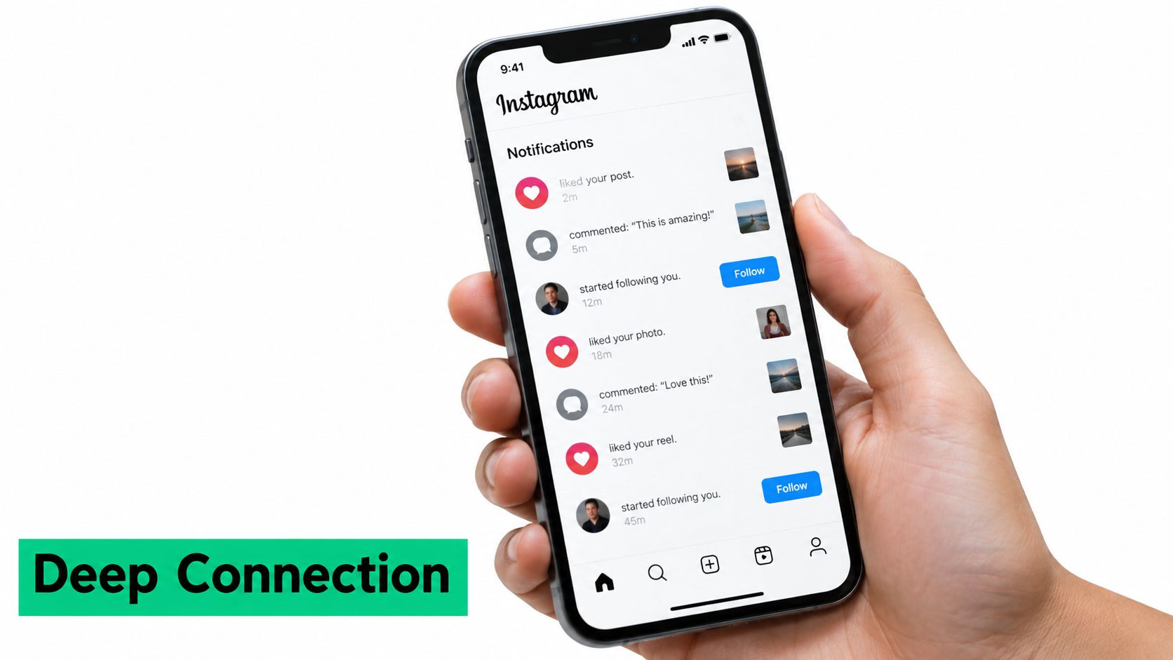 A hand holding a smartphone displaying an Instagram notifications feed with likes, comments, and follows on screen.