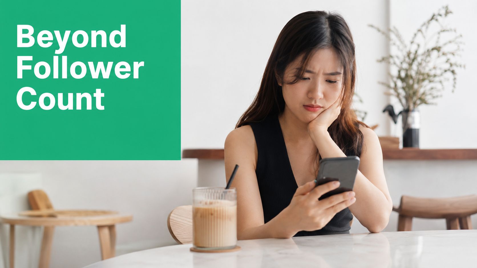 A young woman looking concerned while checking her smartphone while sitting at a table with coffee.