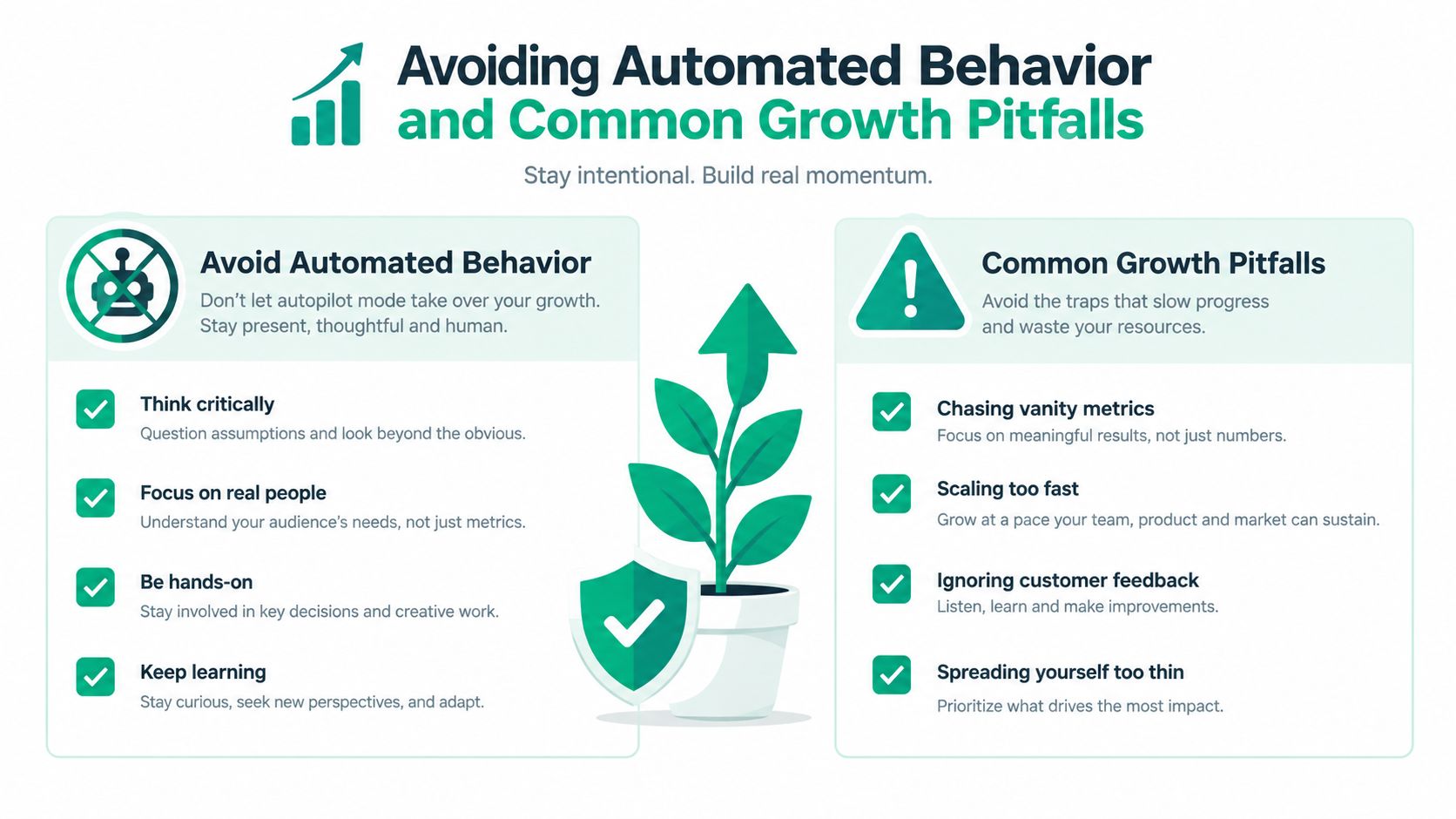 An infographic illustrating tips for avoiding automated behavior and overcoming common pitfalls for sustainable growth.