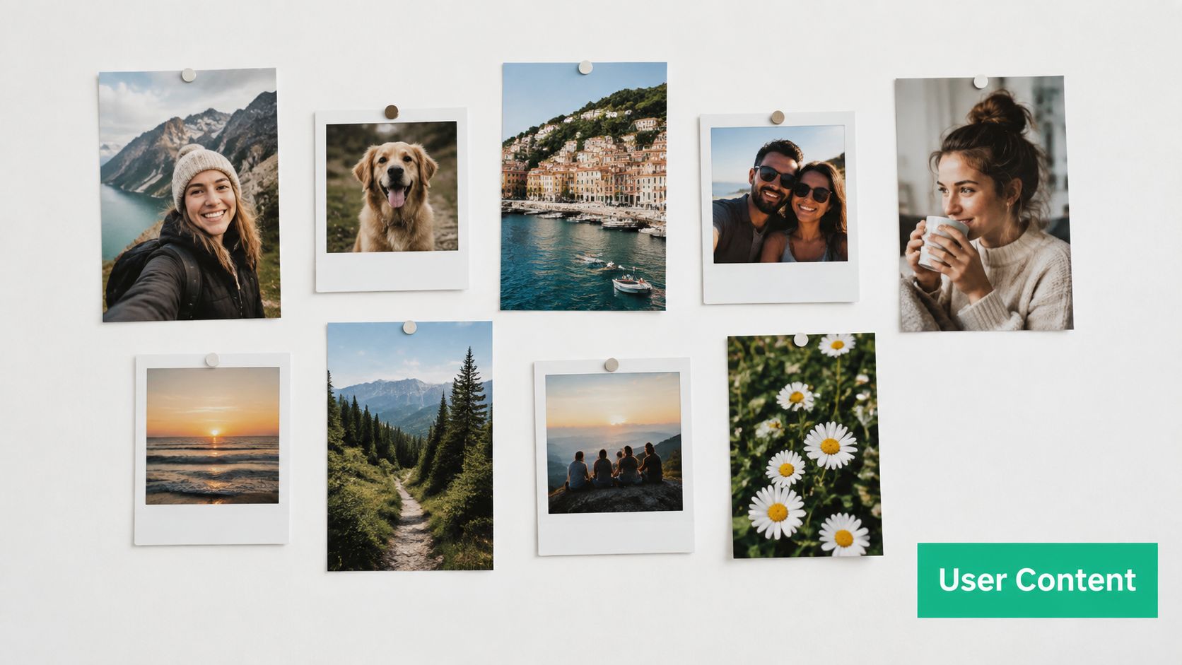 A wall display featuring various Polaroid-style photographs showing landscapes, people, a dog, and nature scenes.