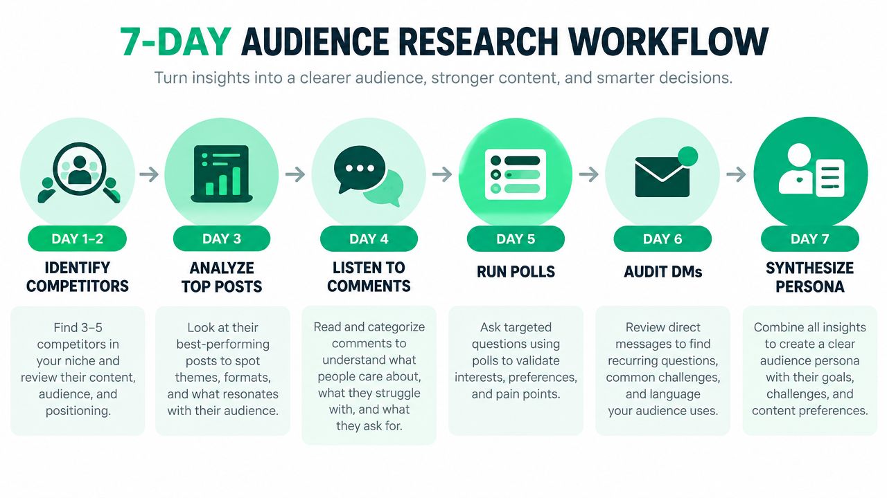 A 7-day audience research workflow infographic for marketers to identify competitors, analyze content, and create customer personas.