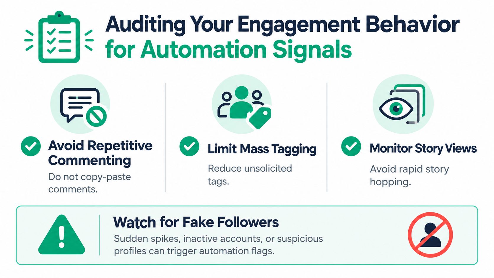 An infographic titled Auditing Your Engagement Behavior for Automation Signals with tips to avoid social media automation.