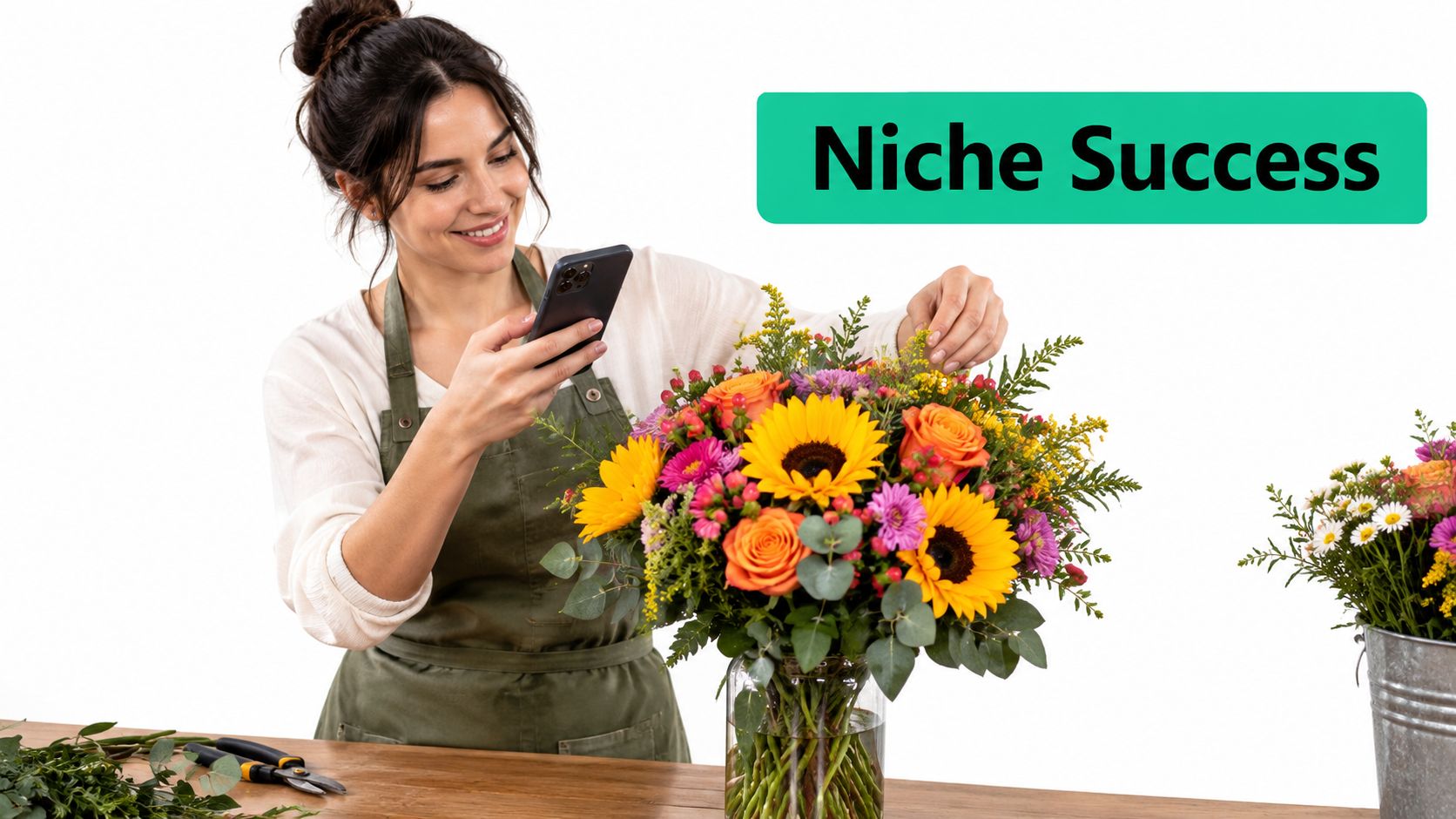 A female florist smiling while taking a picture of a fresh flower arrangement with her smartphone.
