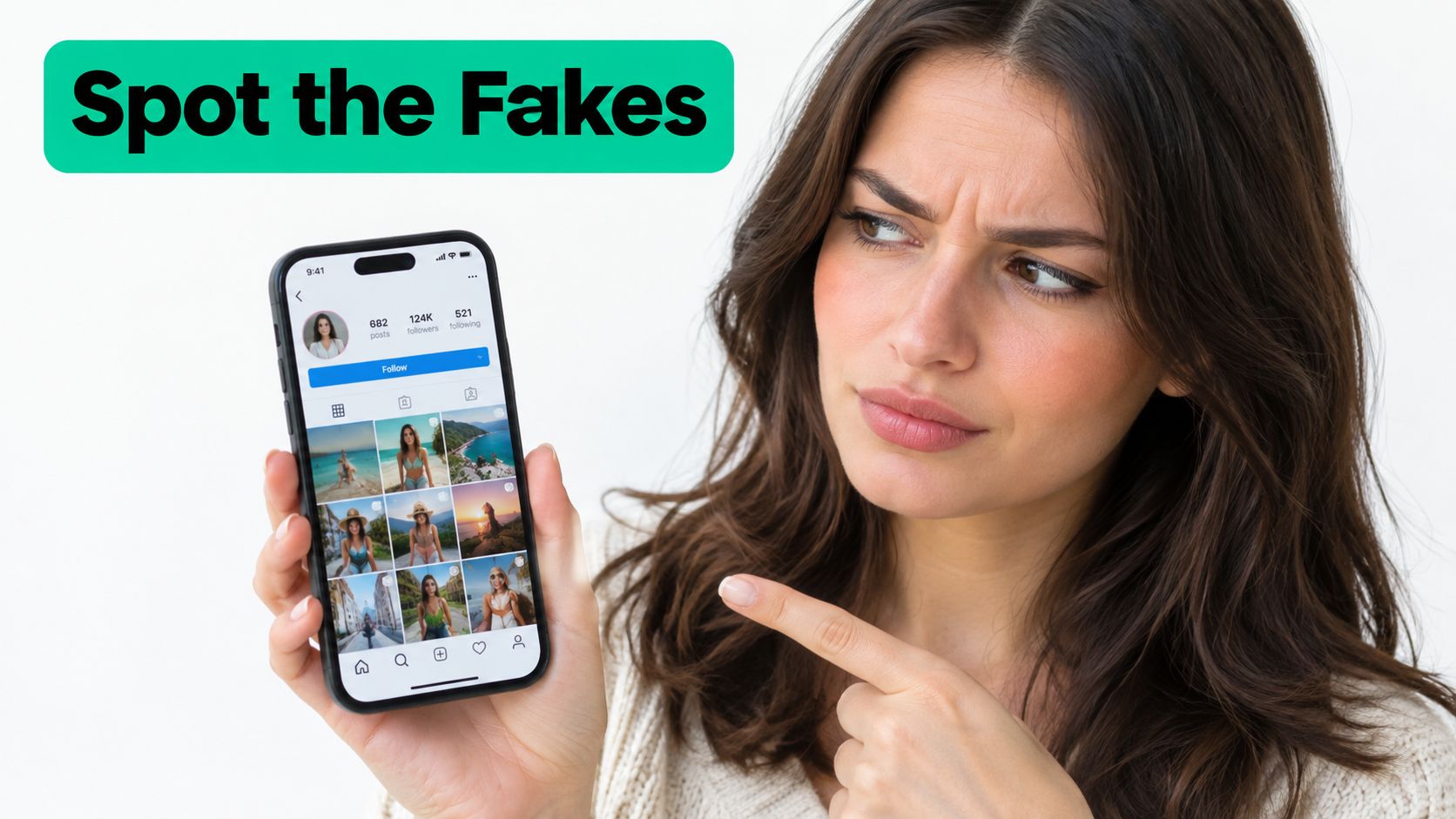 A woman looks suspiciously at a smartphone screen displaying an Instagram profile with potential fake followers.