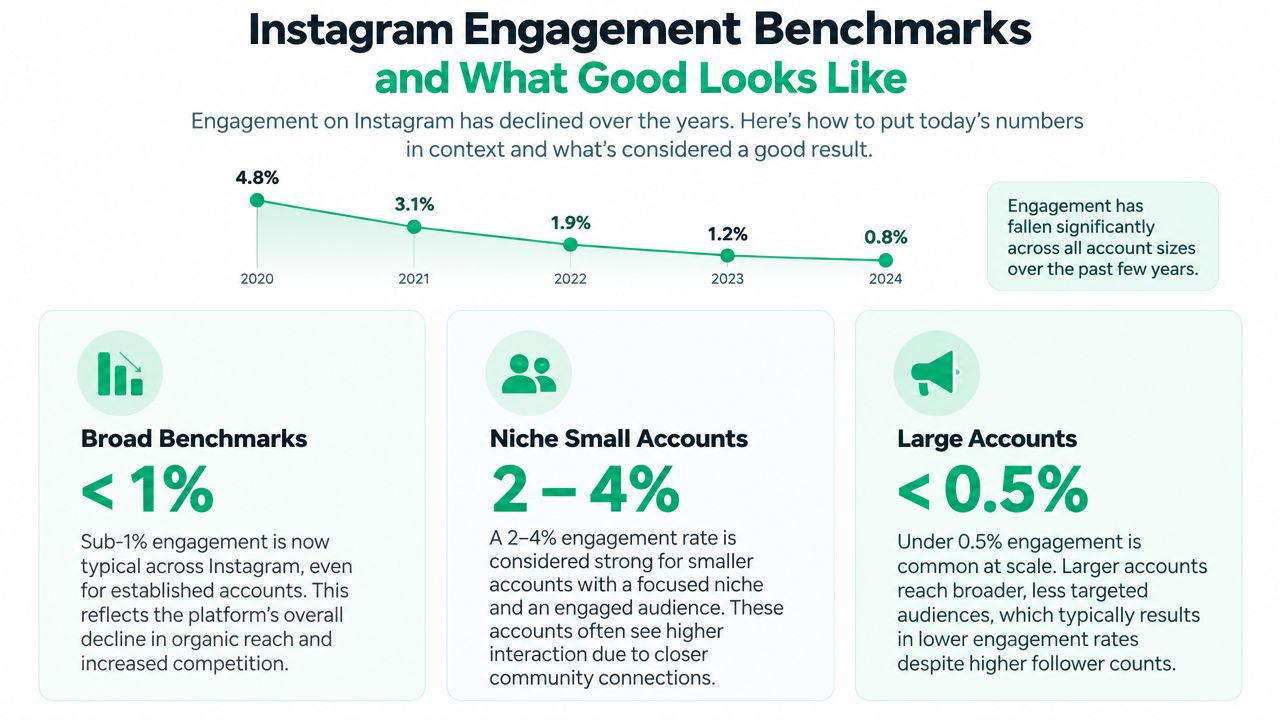 A line graph showing the decline in average Instagram engagement rates from 2020 to 2024.
