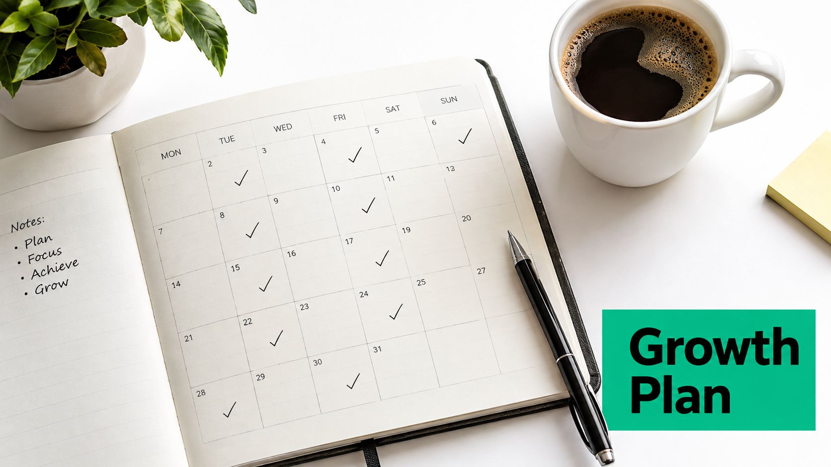 A journal with a hand-drawn monthly calendar, a coffee cup, and a potted plant on a desk.